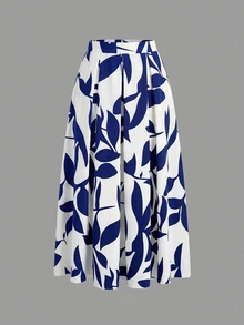 SHEIN A字葉片印花高腰裙 - 藍白色 - 查看 5