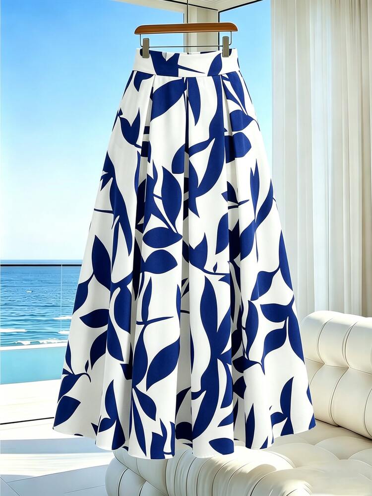 SHEIN A-Line Leaf Print High Waist Skirt - Blue and White - View 6