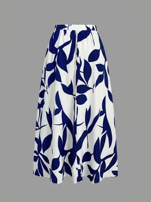 SHEIN A字葉片印花高腰裙 - 藍白色 - 查看 2