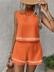 EMERY ROSE Women's Woven Leisure Vacation Summer Two Pieces Set - Orange - View 6