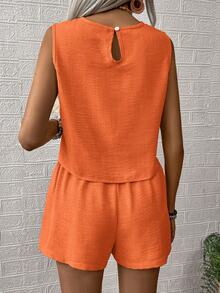 EMERY ROSE Women's Woven Leisure Vacation Summer Two Pieces Set - Orange - View 2