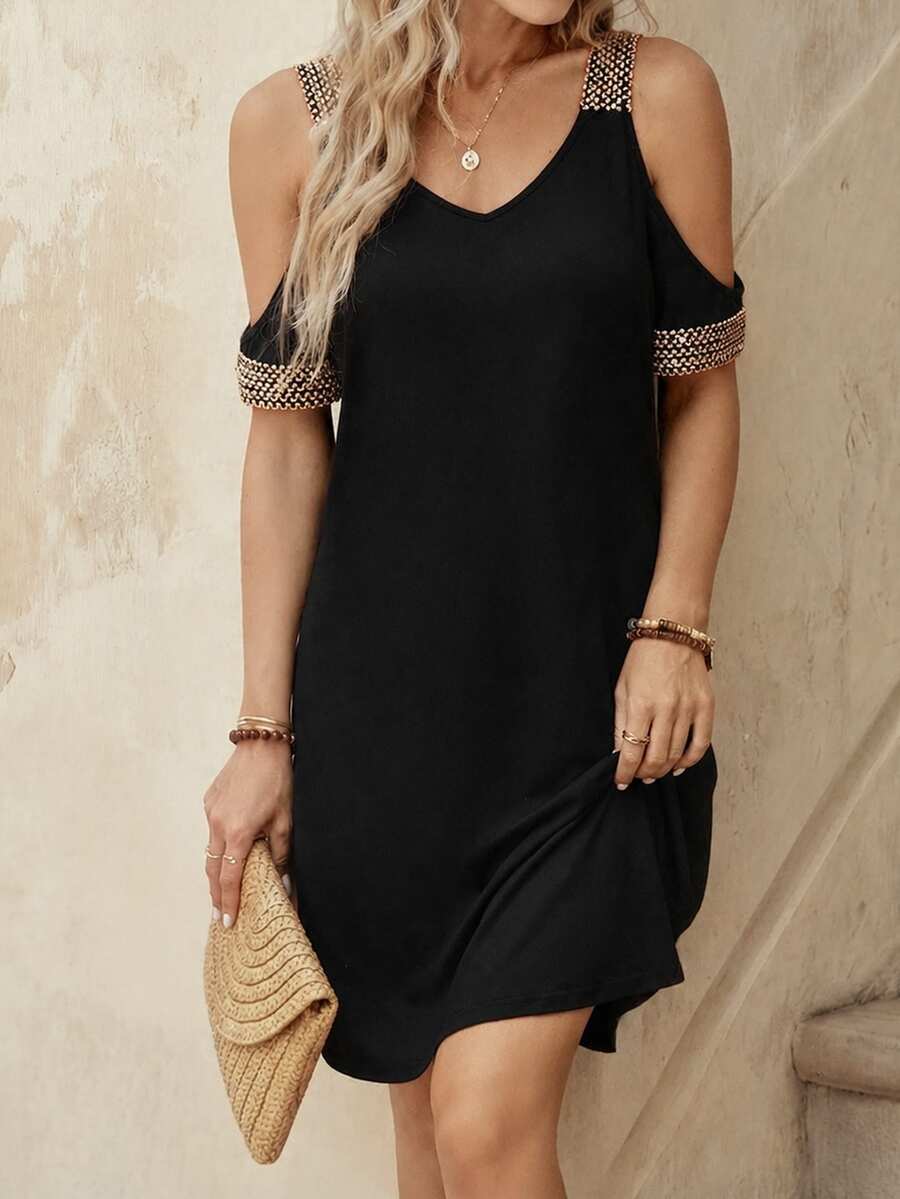 EMERY ROSE Ladies' Summer Contrast Tape Clod Shoulder Casual Dress - Black - View 1