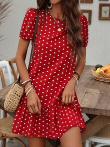 EMERY ROSE Polka Dot Print Bubble Sleeve Dress With Ruffled Hem For New Year Clothes - Red - View 6