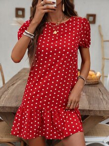 EMERY ROSE Polka Dot Print Bubble Sleeve Dress With Ruffled Hem For New Year Clothes - Red - View 4