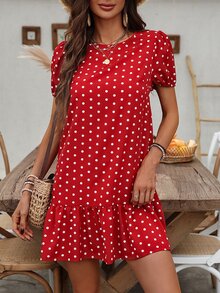 EMERY ROSE Polka Dot Print Bubble Sleeve Dress With Ruffled Hem For New Year Clothes - Red - View 5