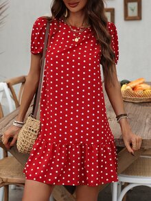 EMERY ROSE Polka Dot Print Bubble Sleeve Dress With Ruffled Hem For New Year Clothes - Red - View 7