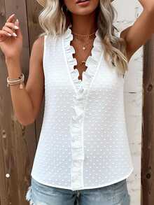 Breezaya Women's Sleeveless Ruffle Textured Casual Romantic Elegant Blouse Date Work White Polka Dot Summer - White - View 4