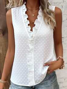 Breezaya Women's Sleeveless Ruffle Textured Casual Romantic Elegant Blouse Date Work White Polka Dot Summer - White - View 5