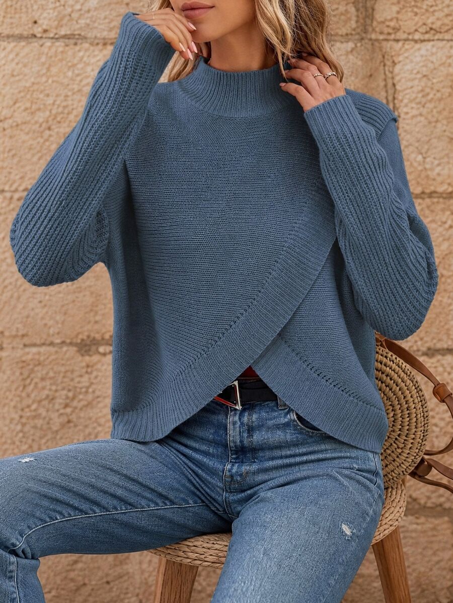 EMERY ROSE Women's Solid Color Stand Collar Long Sleeve Asymmetric Hem Casual Pullover Sweater, Autumn/Winter - Blue - View 1