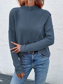 EMERY ROSE 女式纯色立领长袖不对称下摆休闲套头毛衣，秋冬 - 藍色 - 查看 4