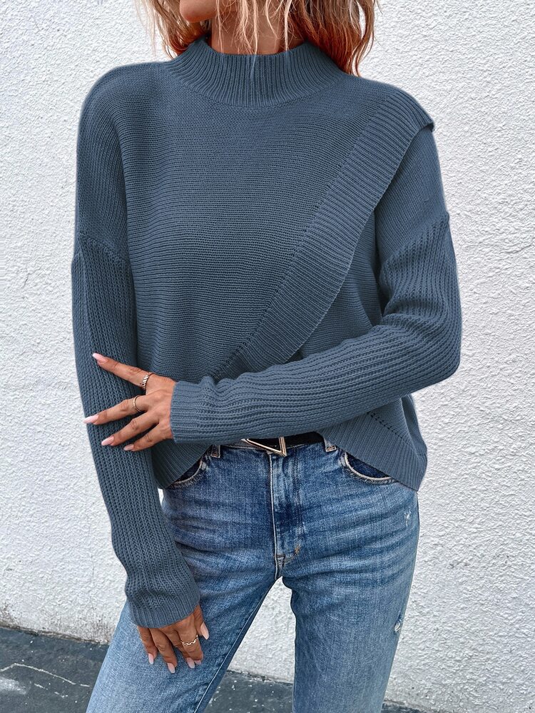 EMERY ROSE Women's Solid Color Stand Collar Long Sleeve Asymmetric Hem Casual Pullover Sweater, Autumn/Winter - Blue - View 4