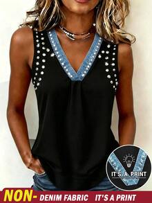 EMERY ROSE New Arrival Denim Effect Print Colorblock Rhinestone Embellished Regular Fit Women Top - Multicolor - View 3