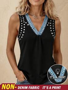 EMERY ROSE New Arrival Denim Effect Print Colorblock Rhinestone Embellished Regular Fit Women Top - Multicolor - View 1