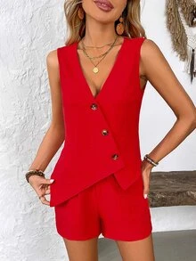 EMERY ROSE Summer Casual Loose Asymmetric Vest & Shorts Set - Red - View 7
