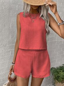 EMERY ROSE Women 2pcs Set Solid Color Vest And Shorts For Vacation - Watermelon Pink - View 7
