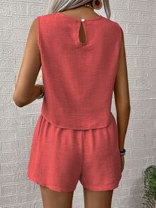 EMERY ROSE Women 2pcs Set Solid Color Vest And Shorts For Vacation - Watermelon Pink - View 2