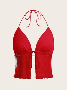 SHEIN ICON Tie Backless Mesh Halter Top - Red - View 2
