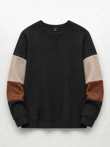 Manfinity RebelGame Men Black Color Block Sweatshirt Long Sleeve Crew Neck Patchwork Relaxed Fit Casual Pullover Streetwear Soft Fabric Daily Wear Autumn Spring Style Top - Multicolor - View 9