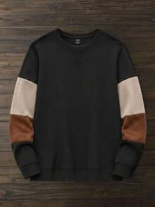 Manfinity RebelGame Men Black Color Block Sweatshirt Long Sleeve Crew Neck Patchwork Relaxed Fit Casual Pullover Streetwear Soft Fabric Daily Wear Autumn Spring Style Top - Multicolor - View 8