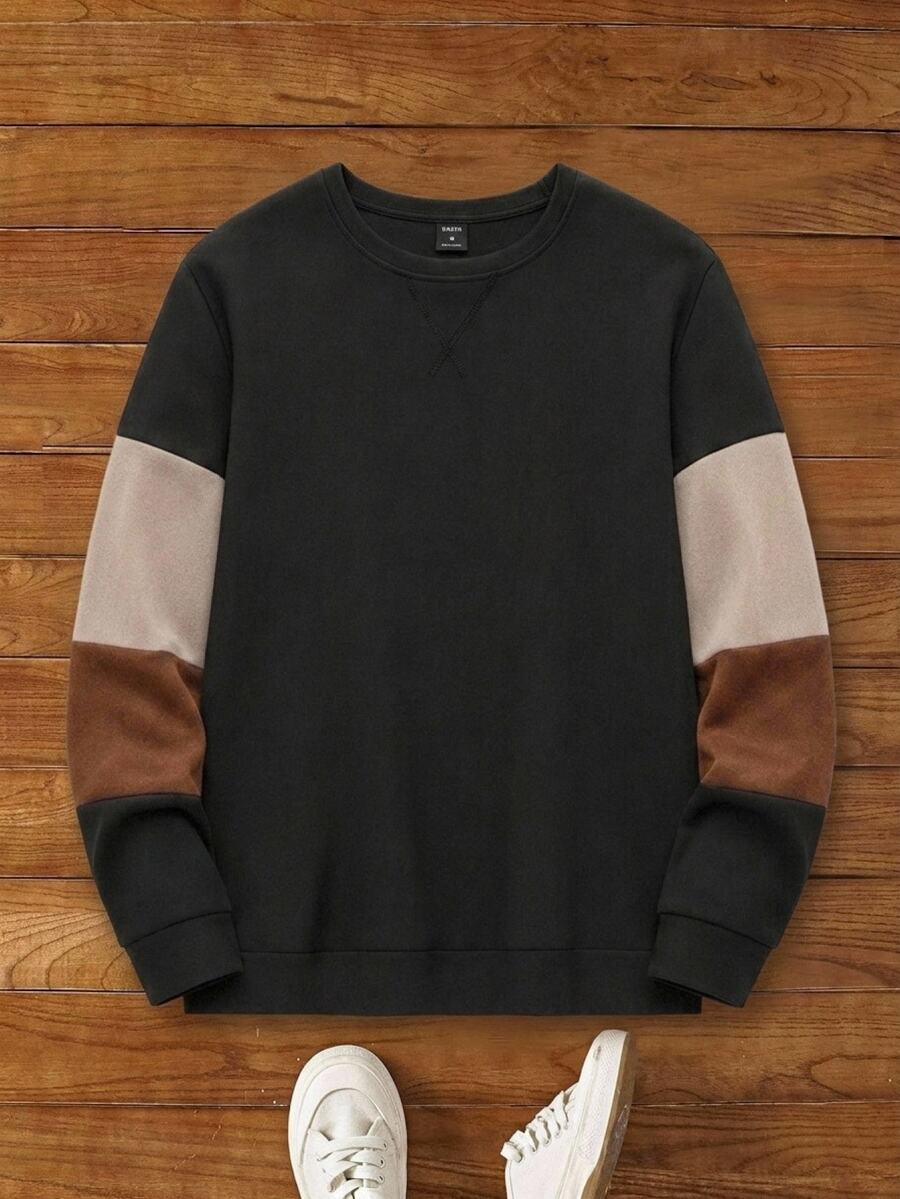 Manfinity RebelGame Men Black Color Block Sweatshirt Long Sleeve Crew Neck Patchwork Relaxed Fit Casual Pullover Streetwear Soft Fabric Daily Wear Autumn Spring Style Top - Multicolor - View 1