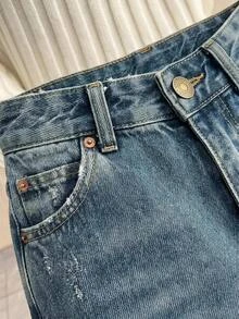 SHEIN جينز نسائي أزرق داكن مغسول بقصة واسعة وكاجوال منحني - أزرق داكن - مشاهدة 9