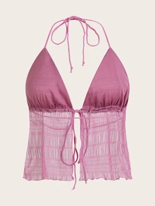 SHEIN ICON Solid Tie Backless Mesh Halter Top - Pink - View 2