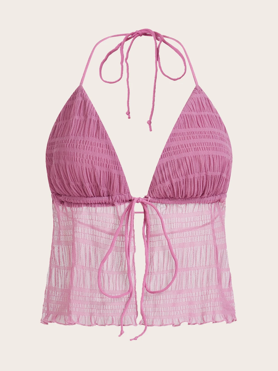 SHEIN ICON Solid Tie Backless Mesh Halter Top - Pink - View 1