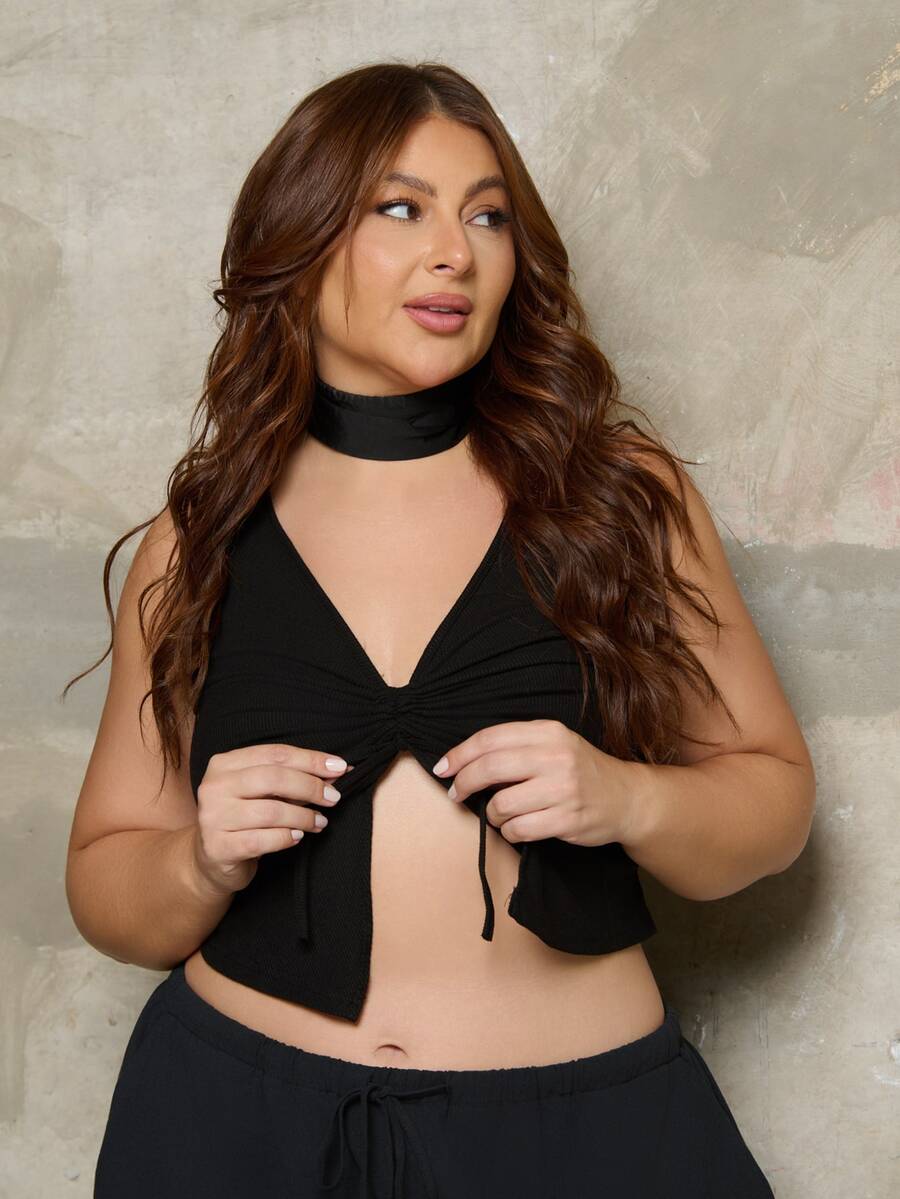 Lele Munniz Women's Plus Size Plain Color V-Neck Tank Top With Front And Middle Ruched Design Casual Black - Black - View 1
