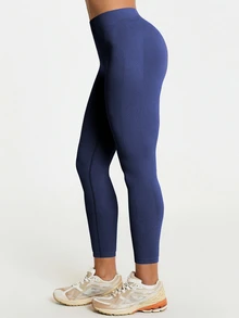 11SKNDS High-Waist Seamless Ribbed Leggings With Sculpting Seam Detail And Cropped 7/8 Length With Sweat-Wicking, Stretchy, Buttery-Soft, Tummy Control & Butt-Lifting, For Gym Workout Fitness Yoga Pilates Studio, Running, Training & Hy-Rox - Navy Blue - View 5