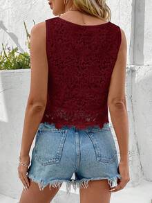 EMERY ROSE Women's Solid Color Lace Sleeveless Blouse, Casual Vacation - Red - View 2