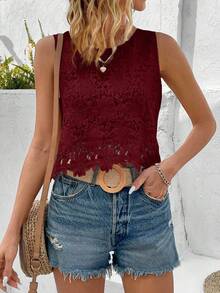 EMERY ROSE Women's Solid Color Lace Sleeveless Blouse, Casual Vacation - Red - View 7