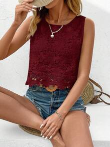 EMERY ROSE Women's Solid Color Lace Sleeveless Blouse, Casual Vacation - Red - View 3