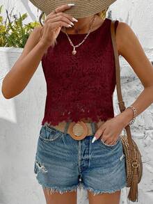 EMERY ROSE Women's Solid Color Lace Sleeveless Blouse, Casual Vacation - Red - View 4