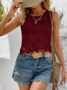 EMERY ROSE Women's Solid Color Lace Sleeveless Blouse, Casual Vacation - Red - View 6