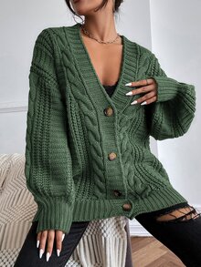 SHEIN Solid Button Front Cable Knit Cardigan,Long Sleeve Tops Fall Winter Cloth For Women - Olive Green - View 7