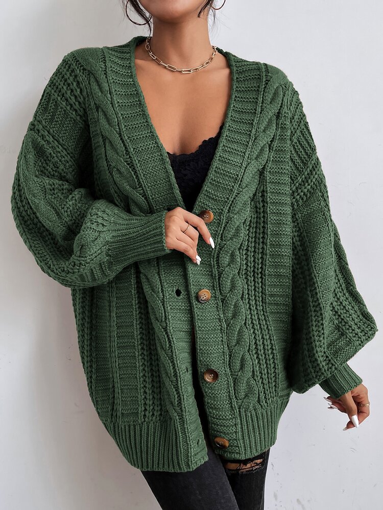 SHEIN Solid Button Front Cable Knit Cardigan,Long Sleeve Tops Fall Winter Cloth For Women - Olive Green - View 4