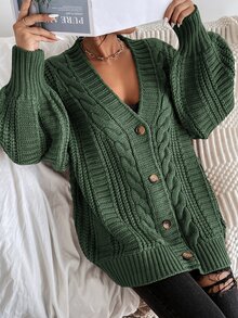SHEIN Solid Button Front Cable Knit Cardigan,Long Sleeve Tops Fall Winter Cloth For Women - Olive Green - View 8
