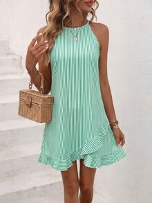 EMERY ROSE Summer Style For Ladies: Green Striped Open Shoulder A-Line Dress With Asymmetric Ruffle Trim Sleeveless Design Slimming Effect, Beach Tropical - Multicolor - View 7
