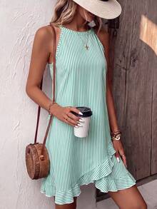 EMERY ROSE Summer Style For Ladies: Green Striped Open Shoulder A-Line Dress With Asymmetric Ruffle Trim Sleeveless Design Slimming Effect, Beach Tropical - Multicolor - View 4