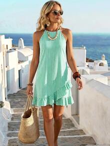 EMERY ROSE Summer Style For Ladies: Green Striped Open Shoulder A-Line Dress With Asymmetric Ruffle Trim Sleeveless Design Slimming Effect, Beach Tropical - Multicolor - View 8
