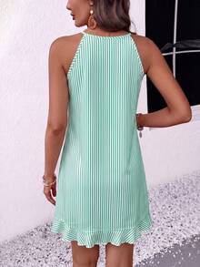 EMERY ROSE Summer Style For Ladies: Green Striped Open Shoulder A-Line Dress With Asymmetric Ruffle Trim Sleeveless Design Slimming Effect, Beach Tropical - Multicolor - View 2