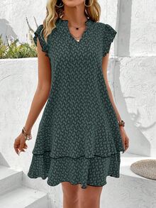 EMERY ROSE Women's Geometric Printed Belted Empire Waist Flutter Sleeve Midi Dress - Army Green - View 7