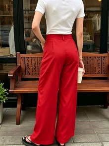 SHEIN PariChic Women's Casual Comfortable Solid Color Suit Pants - Fiery Red - View 2