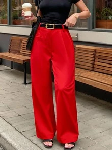 SHEIN PariChic Women's Casual Comfortable Solid Color Suit Pants - Fiery Red - View 3