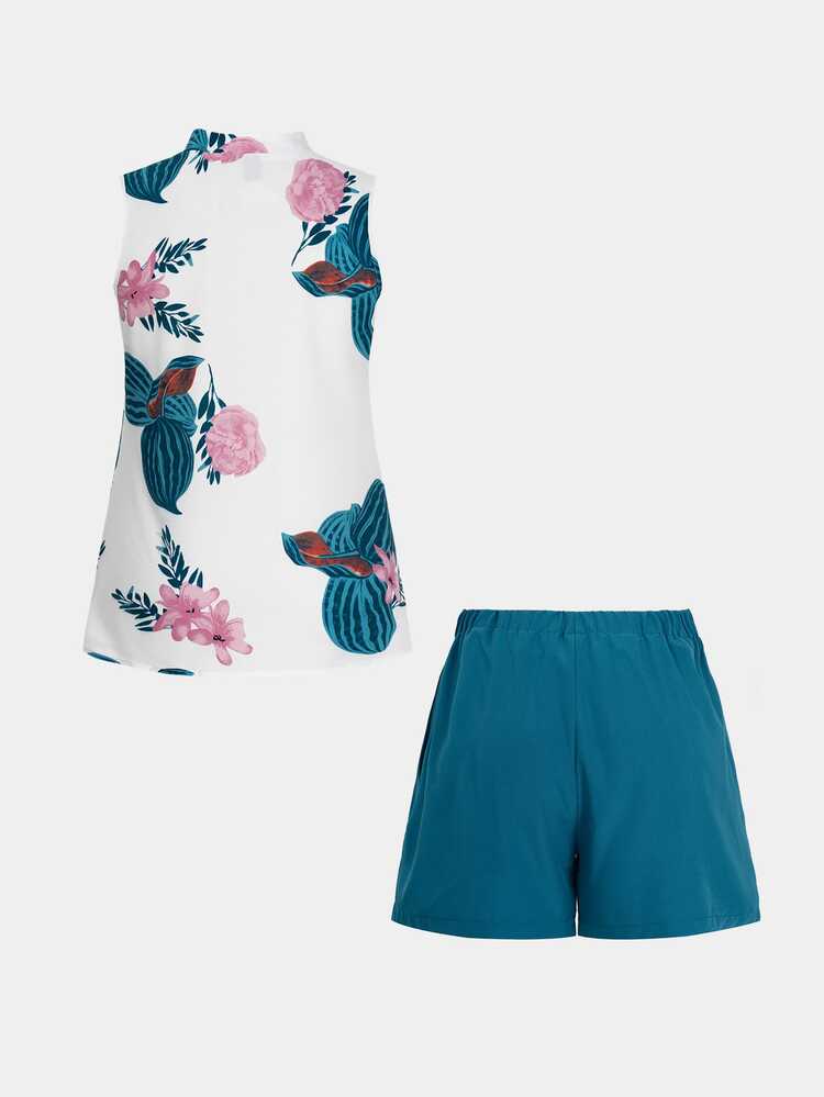 EMERY ROSE Women's Simple Printed Sleeveless Top And Solid Color Shorts Set - Blue - View 2