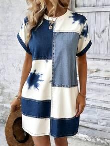 EMERY ROSE Vestido casual de vacaciones con bloques de color y patchwork para mujer - Multicolor - Ver 3