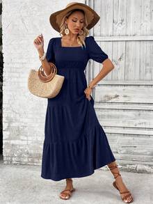 EMERY ROSE Vestido largo con escote cuadrado, mangas abullonadas, volantes en la baja y largo maxi, para vacaciones y playa para mujeres - Azul Marino - Ver 5