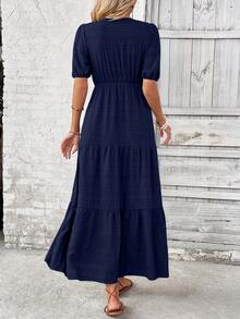 EMERY ROSE Vestido largo con escote cuadrado, mangas abullonadas, volantes en la baja y largo maxi, para vacaciones y playa para mujeres - Azul Marino - Ver 2