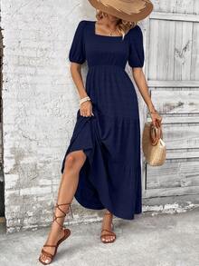 EMERY ROSE Vestido largo con escote cuadrado, mangas abullonadas, volantes en la baja y largo maxi, para vacaciones y playa para mujeres - Azul Marino - Ver 4