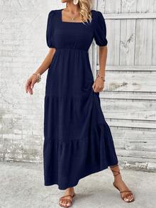 EMERY ROSE Vestido largo con escote cuadrado, mangas abullonadas, volantes en la baja y largo maxi, para vacaciones y playa para mujeres - Azul Marino - Ver 6
